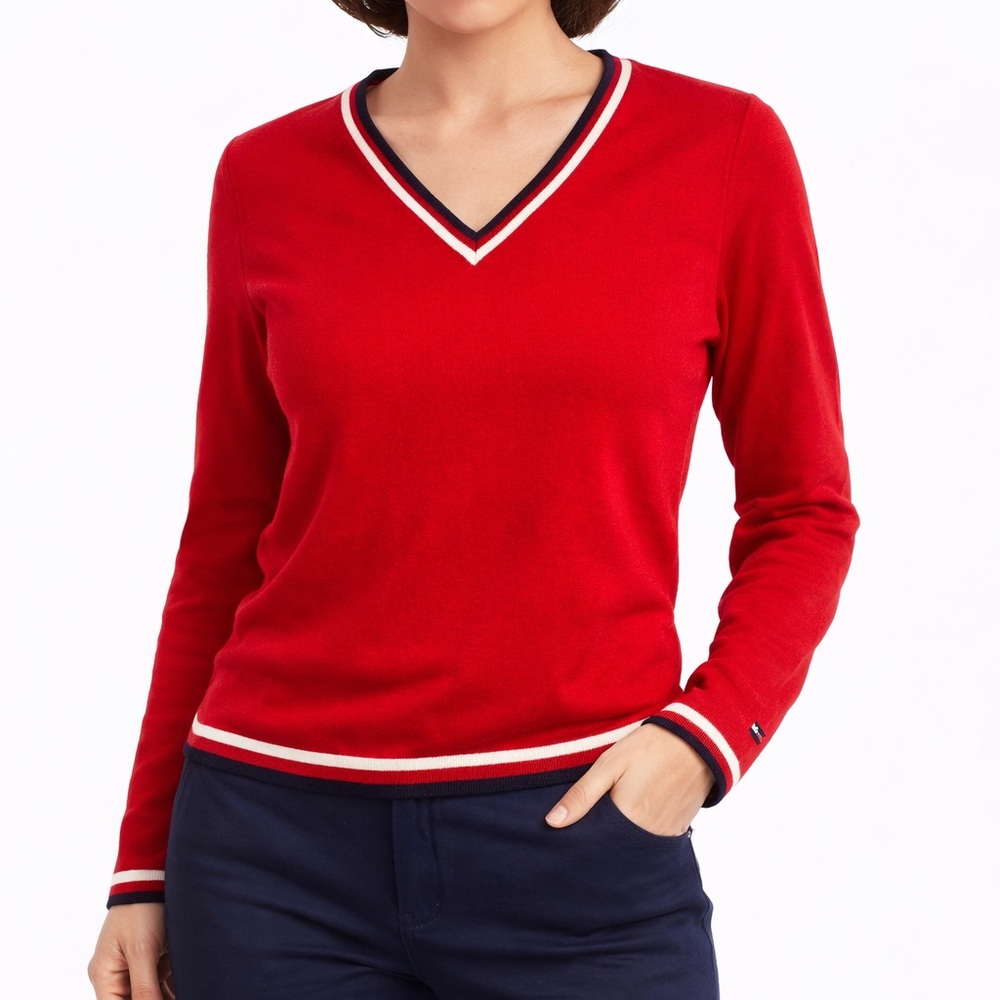 Tommy Hilfiger VNeck Red White Blue Sweater Old Money Collegiate Prep Tennis Med